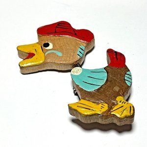 Hand Painted Fun Wooden Bobblehead Rooster Lapel Pin Brooch
